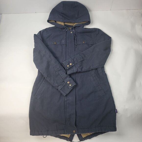 Patagonia Prairie Dawn Parka Jacket Women S charcoal Canvas Sherpa lined Hooded - Picture 5 of 16